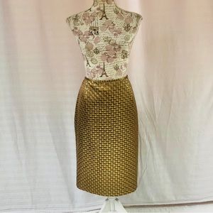 Lafayette 148 Gold Pencil Skirt Silk Blend Textured Basketweave Size 12 Lined